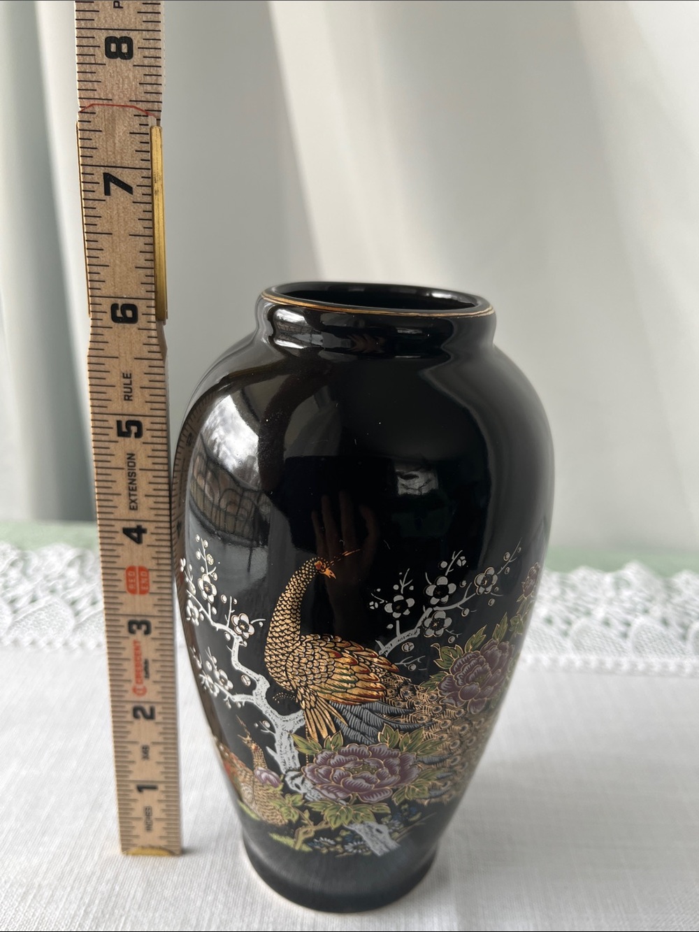 Vintage Japanese Black Porcelain Peacock & Peony Vase – Gilded Chokin Style – 6” - Picture 5 of 6
